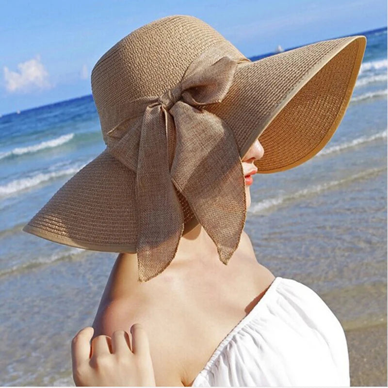 Summer Women Straw Hat Bowknot Wide Brim Floppy