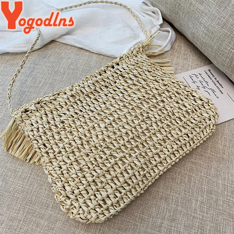 Women Tassels Straw Rattan Wicker Weave Shoulder Bags