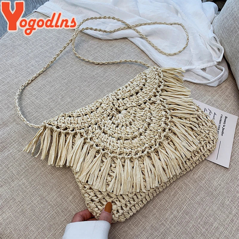 Women Tassels Straw Rattan Wicker Weave Shoulder Bags