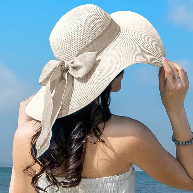 Summer Women Straw Hat Bowknot Wide Brim Floppy