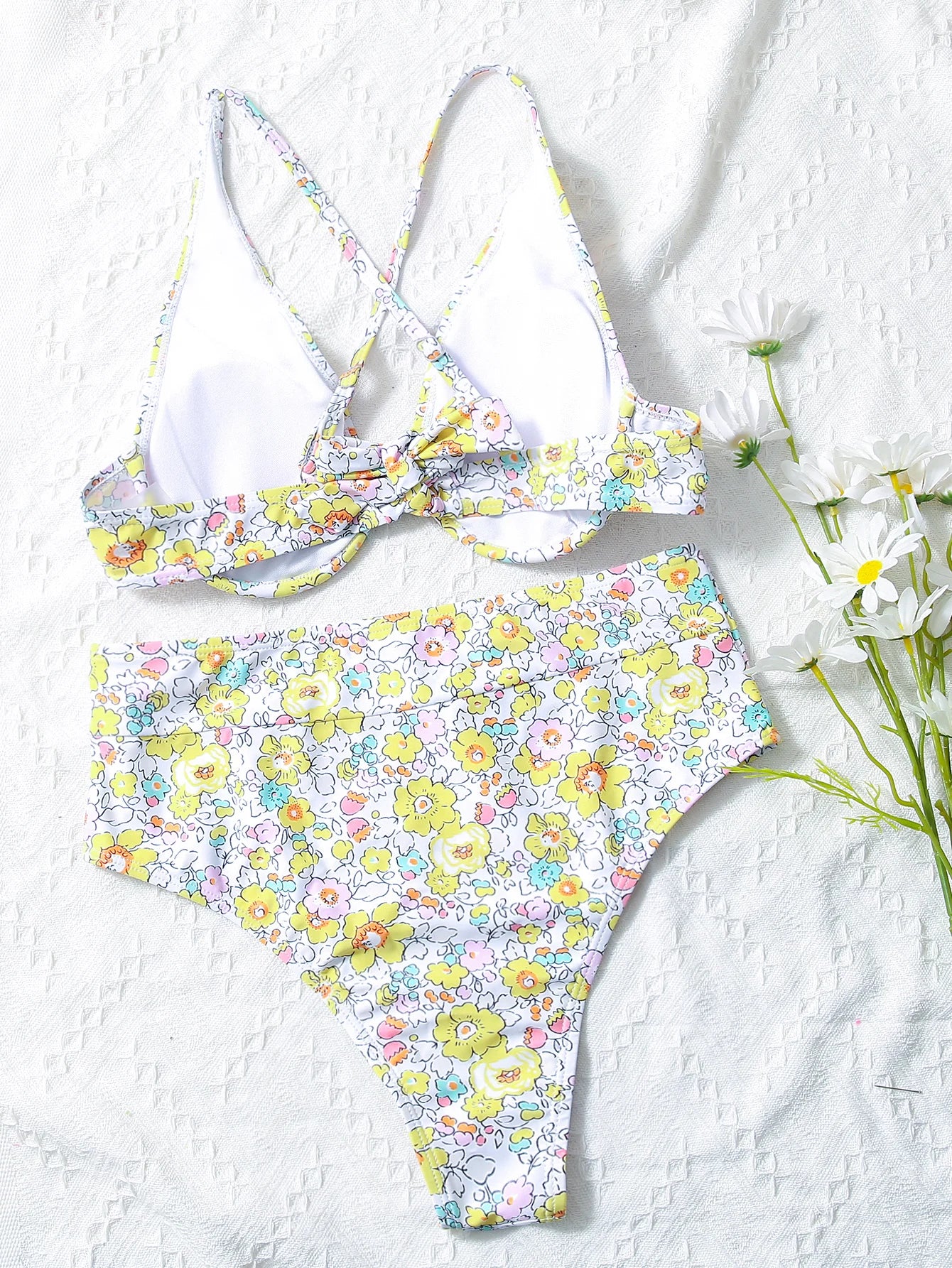 Yellow Floral Print Underwire Push Up High Waist Bikini