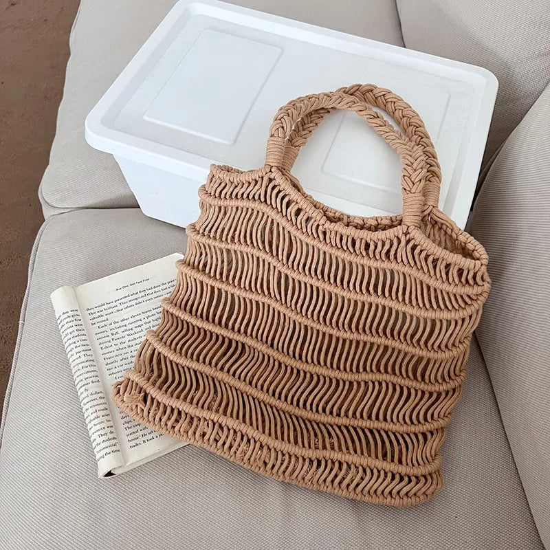 Vintage hollow one shoulder cotton woven bag