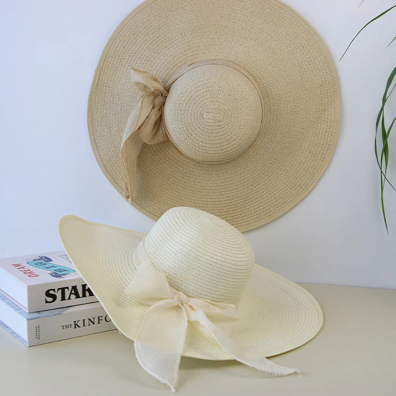 Summer Women Straw Hat Bowknot Wide Brim Floppy