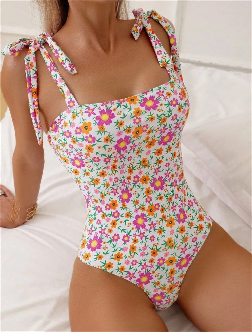 Lovely Floral Bikini Bowknot Bandage Straps Monokini Kawaii Swimsuit