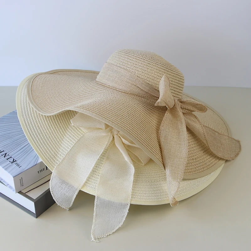 Summer Women Straw Hat Bowknot Wide Brim Floppy