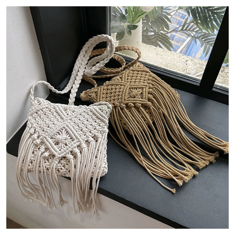 Cotton Fabric Square TASSEL Shoulder and Crossbody Bags