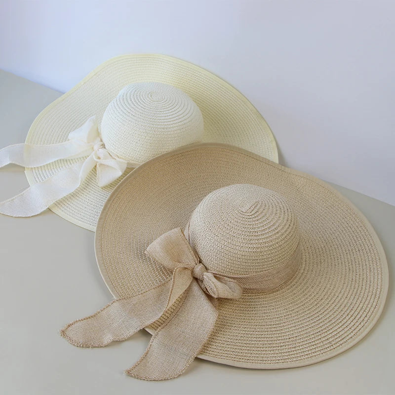 Summer Women Straw Hat Bowknot Wide Brim Floppy